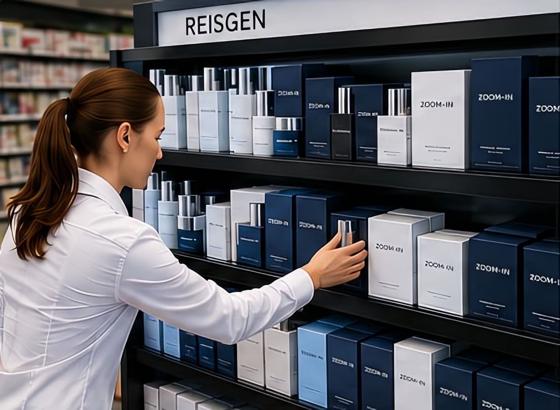 Mitarbeiterin entnimmt eine Produktverpackung aus einem Regal mit Kosmetikartikeln in einem modernen Verkaufsraum.