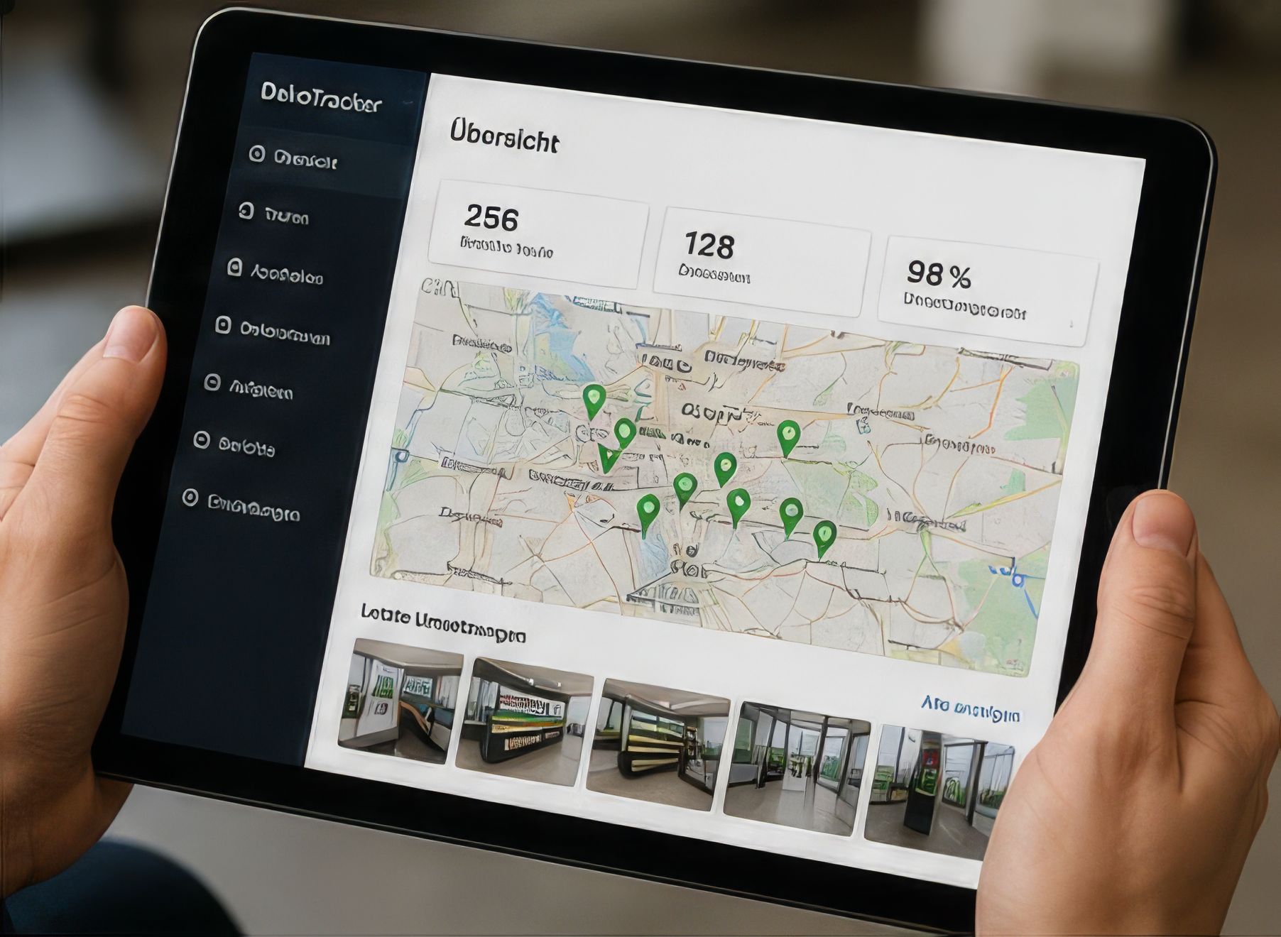 Person hält ein Tablet mit einer Verwaltungsoberfläche, die eine Karte mit Filialstandorten, Kennzahlen und Vorschaubildern mehrerer Standorte zeigt.